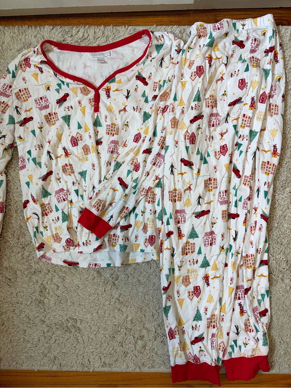 Women’s White Holiday Print Pajama Set with Red Trim
